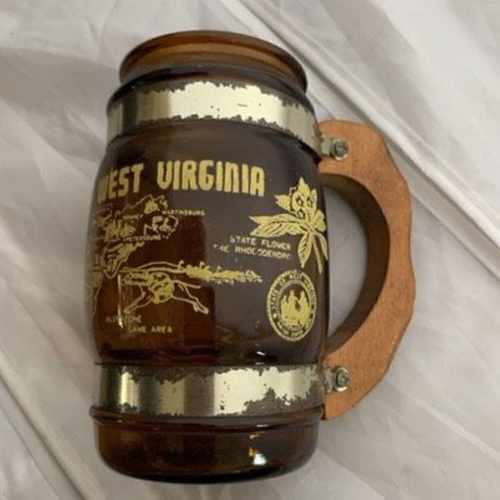 West Virginia Souvenir Brown Glass Mug With Wood Handle